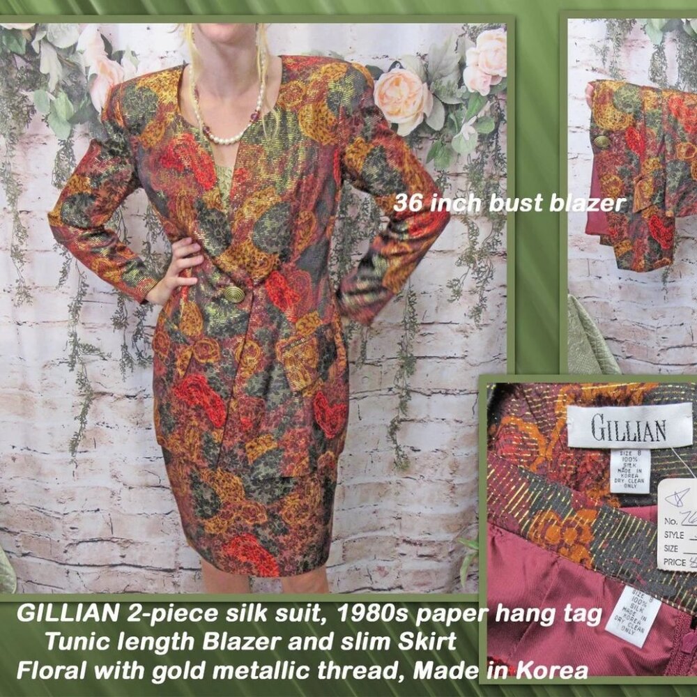36 bust 2-piece silk suit GILLIAN logo 1980s paper hang tag, Tunic length Blazer